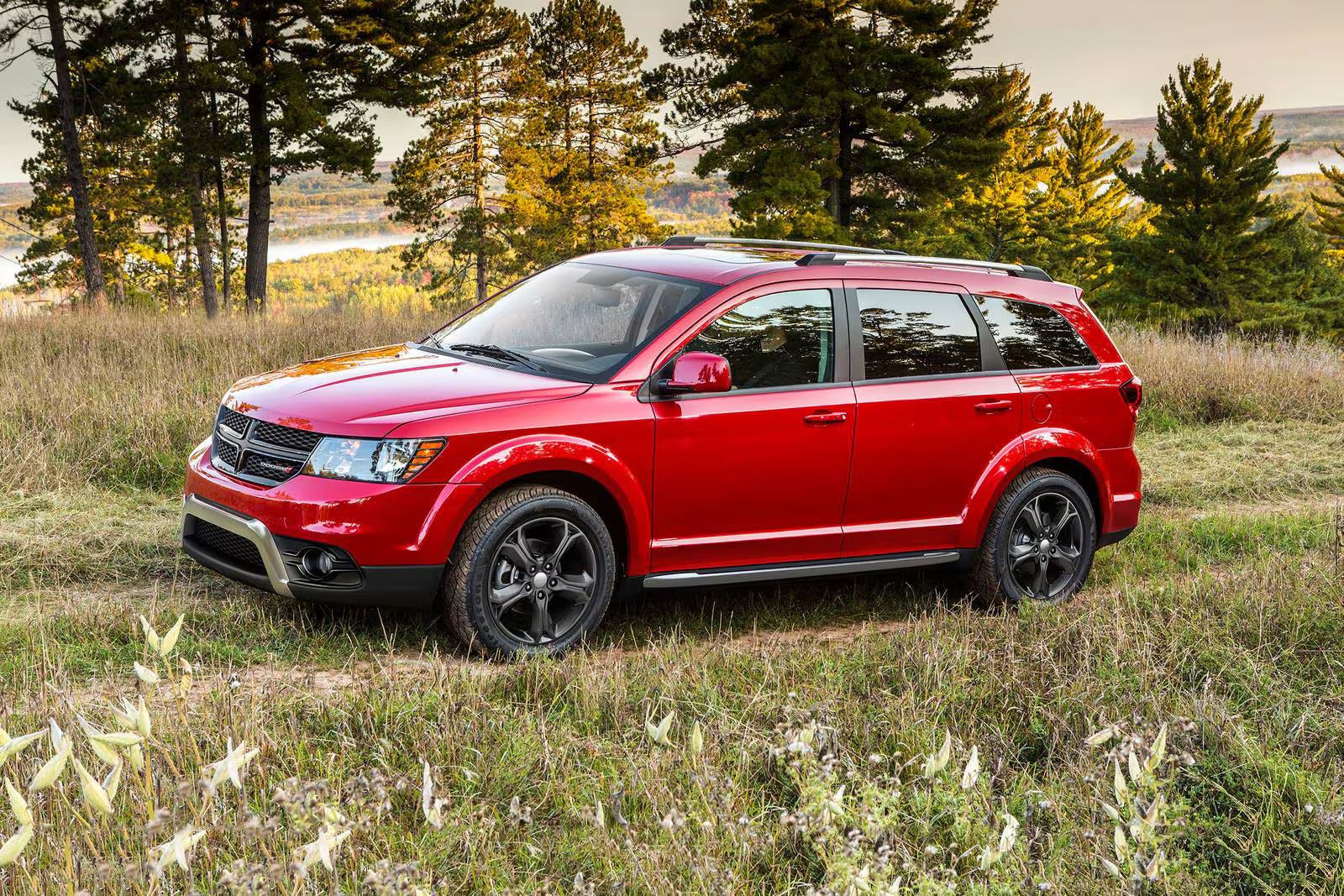 A red dodge journey sitting parked in a field.